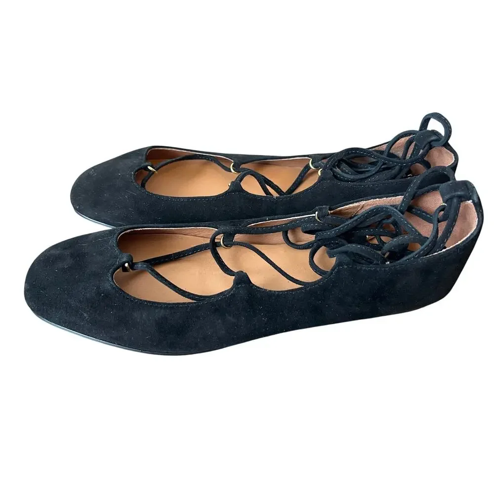 Madewell The Greta Lace-Up Ballet Flat in True Black Suede Size 9